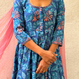 Blue Floral Cotton Kalidar Set