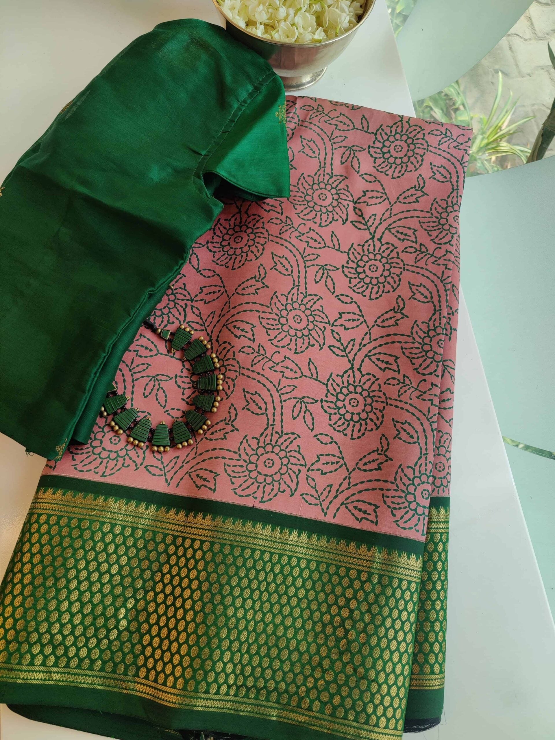 Dusty-pink-and-green-handwoven-Kanchipuram-silk-saree-with-block-print.jpg