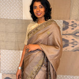 Water Lily Embroidered Tussar Silk Saree - Beige