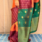 Mishrita Floral Border Organza Saree - Orange, Maroon and Green