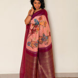 Kalpataru Kamadhenu Kalamkari Silk Saree - Peach