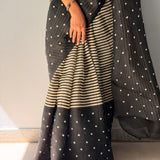 Tuhina Stripes Print Play Organza Saree - Black