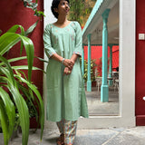 Tropical Blooms Applique Kurta Set - Pastel Green