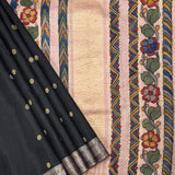 Kalpataru Twin Border Floral Kalamkari Saree - Black and Pink