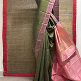 Tejasvi green dusty pink thread woven Kanchipuram silk saree