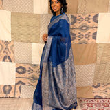 Fern Embroidered Organza Silk Saree - Navy