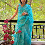Nisha Foliage Organza Saree - Blue