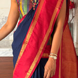 Mishrita Twin Border Chiffon Saree - Navy Blue and Red