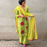 Green Chanderi Applique Kurta Set