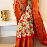 Floral Handprinted Gadwal Silk Saree – Red