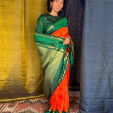 Mohana Kolam Kanchi Silk Saree - Orange and Green