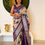 Floral Handprinted Gadwal Silk Saree – Violet