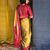 Haathee Crossing Offset Border Kanchi Silk Saree - Olive
