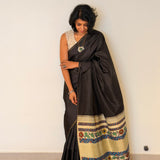 Kalpataru Floral Kalamkari Silk Saree - Black and Cream