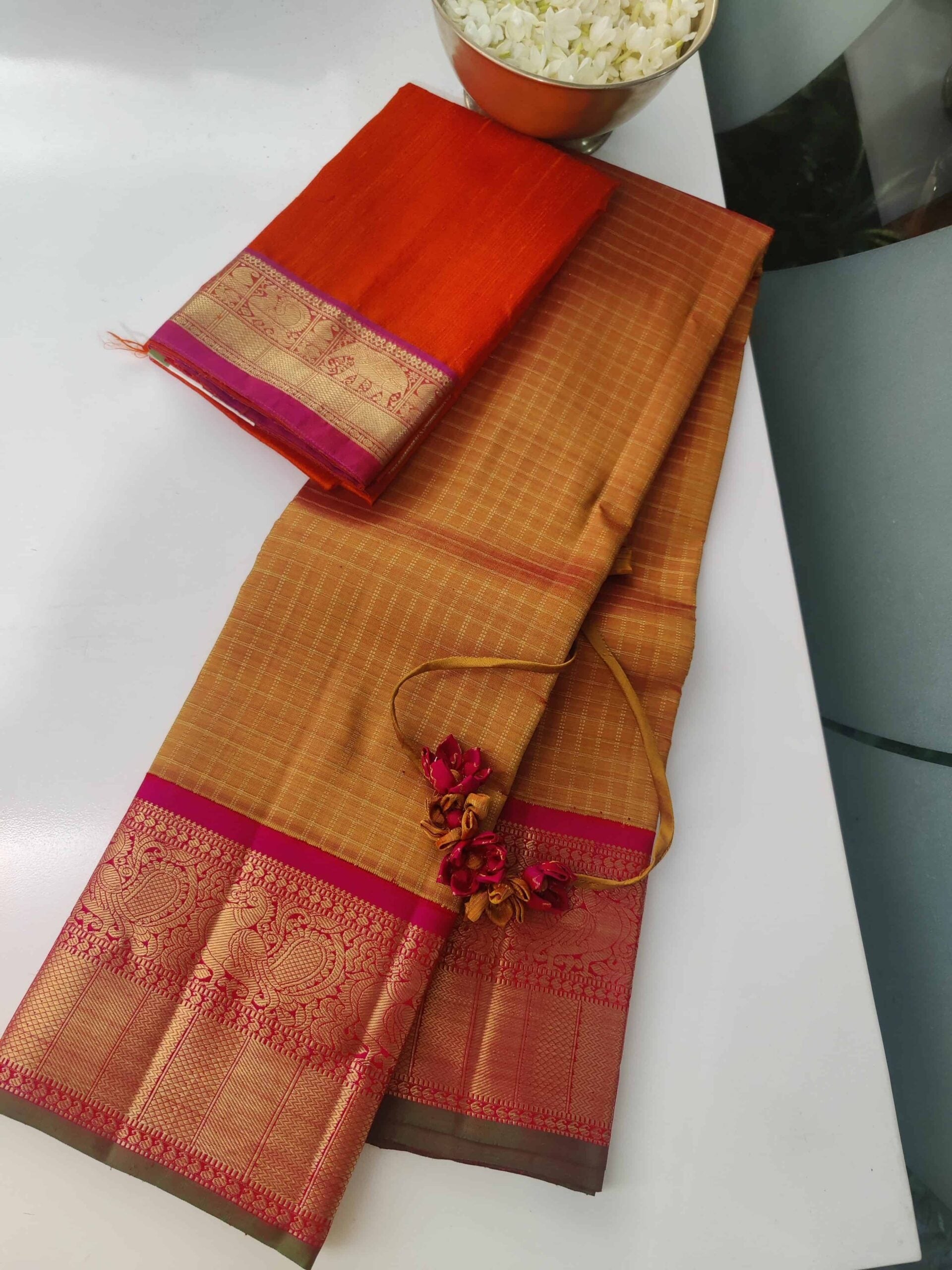 Golden-mustard-and-rani-pink-handwoven-Kanchipuram-silk-saree-with-zari-checks-and-border-2.jpg