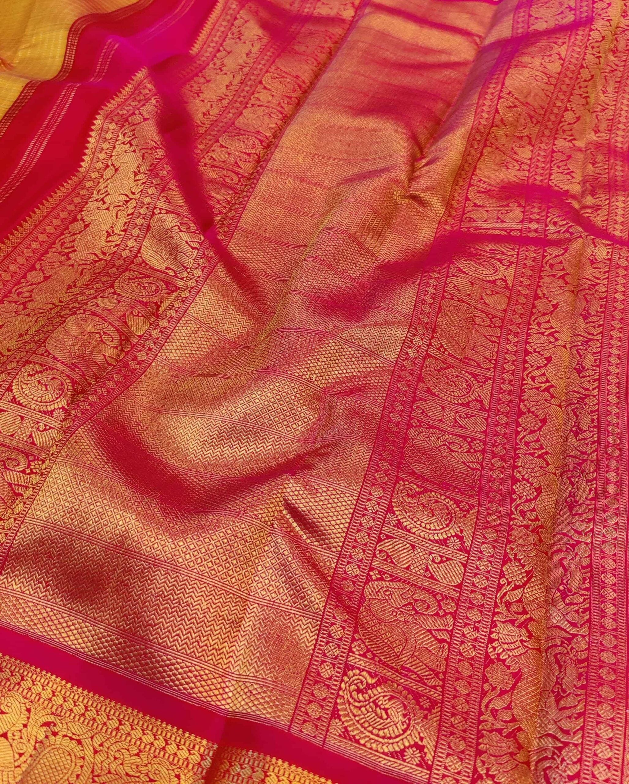 Golden-mustard-and-rani-pink-handwoven-Kanchipuram-silk-saree-with-zari-checks-and-border-3.jpg