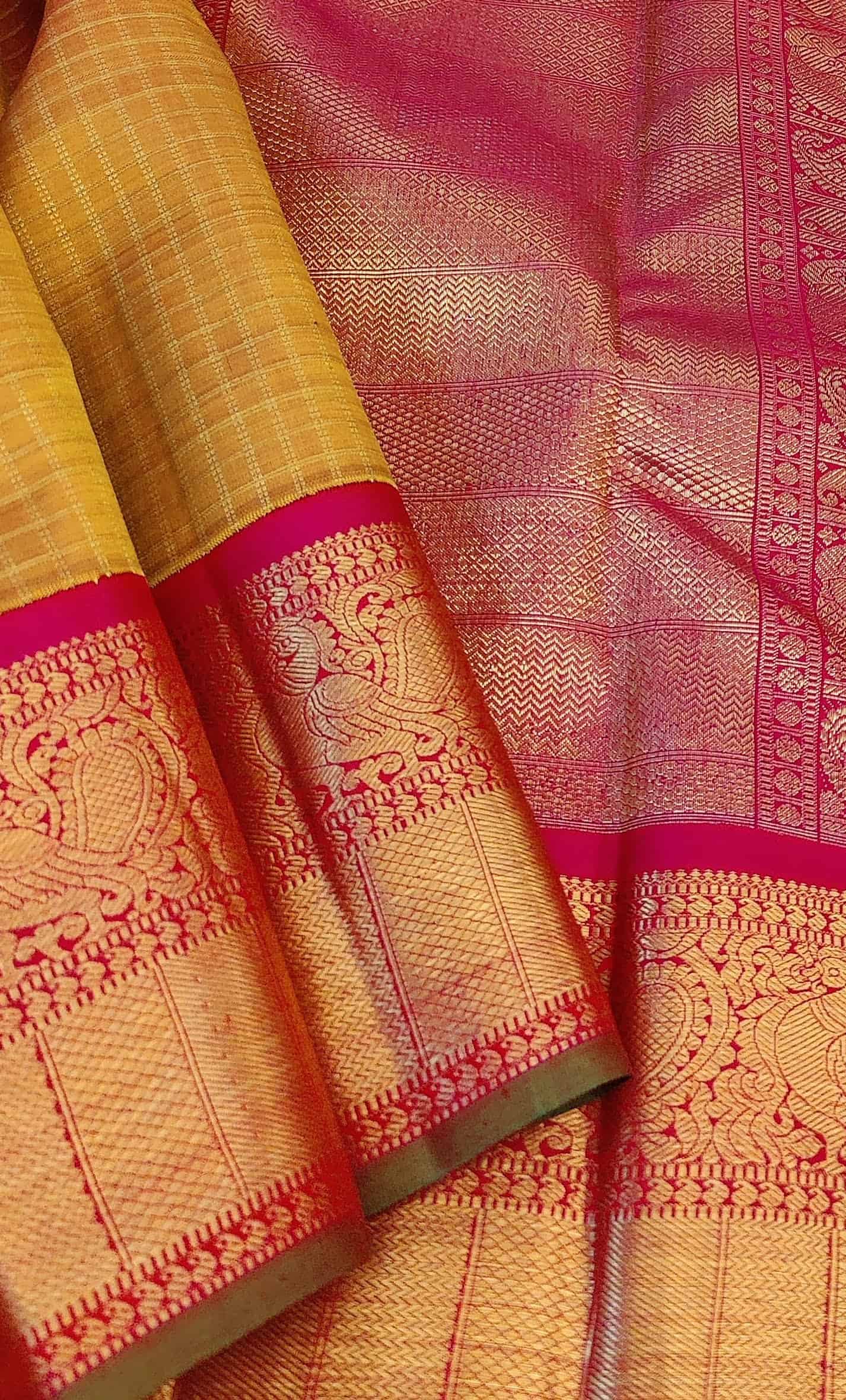 Golden-mustard-and-rani-pink-handwoven-Kanchipuram-silk-saree-with-zari-checks-and-border-4.jpg