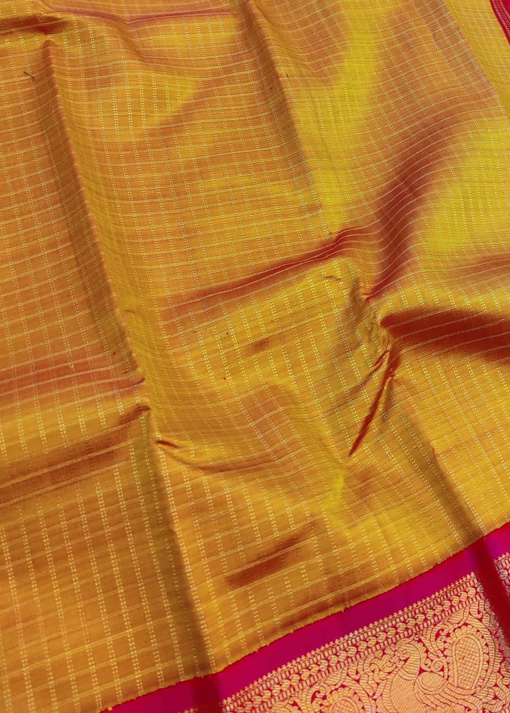 Golden-mustard-and-rani-pink-handwoven-Kanchipuram-silk-saree-with-zari-checks-and-border-5.jpg