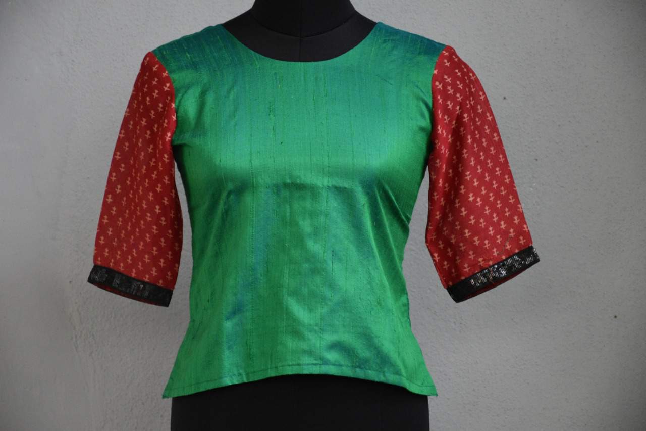 Green raw silk crop blouse XS S M