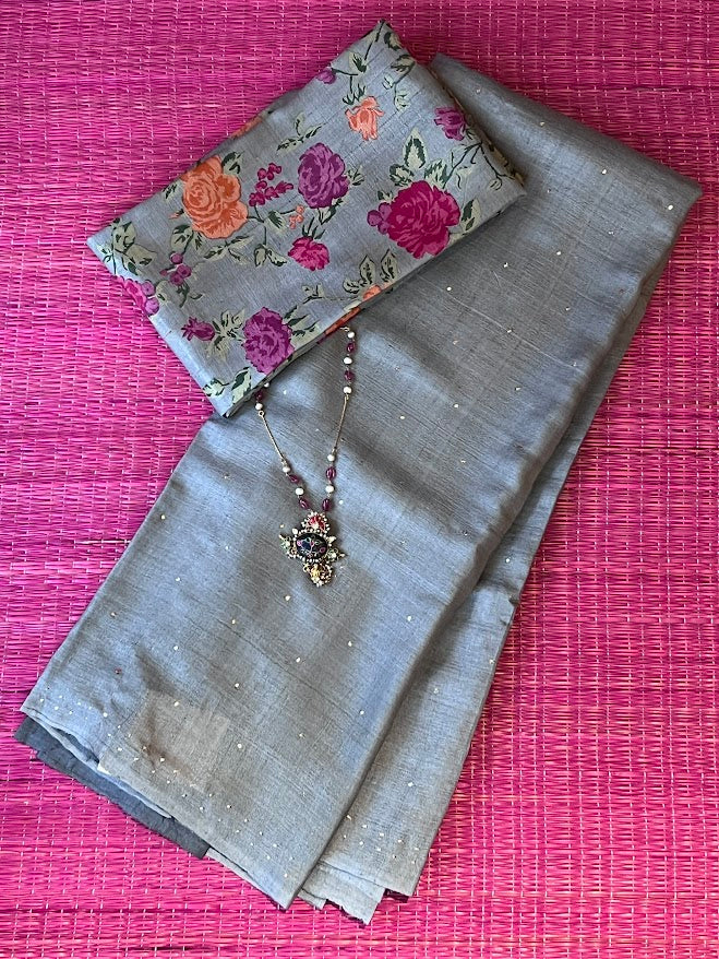 Grey mukaish work tussar saree