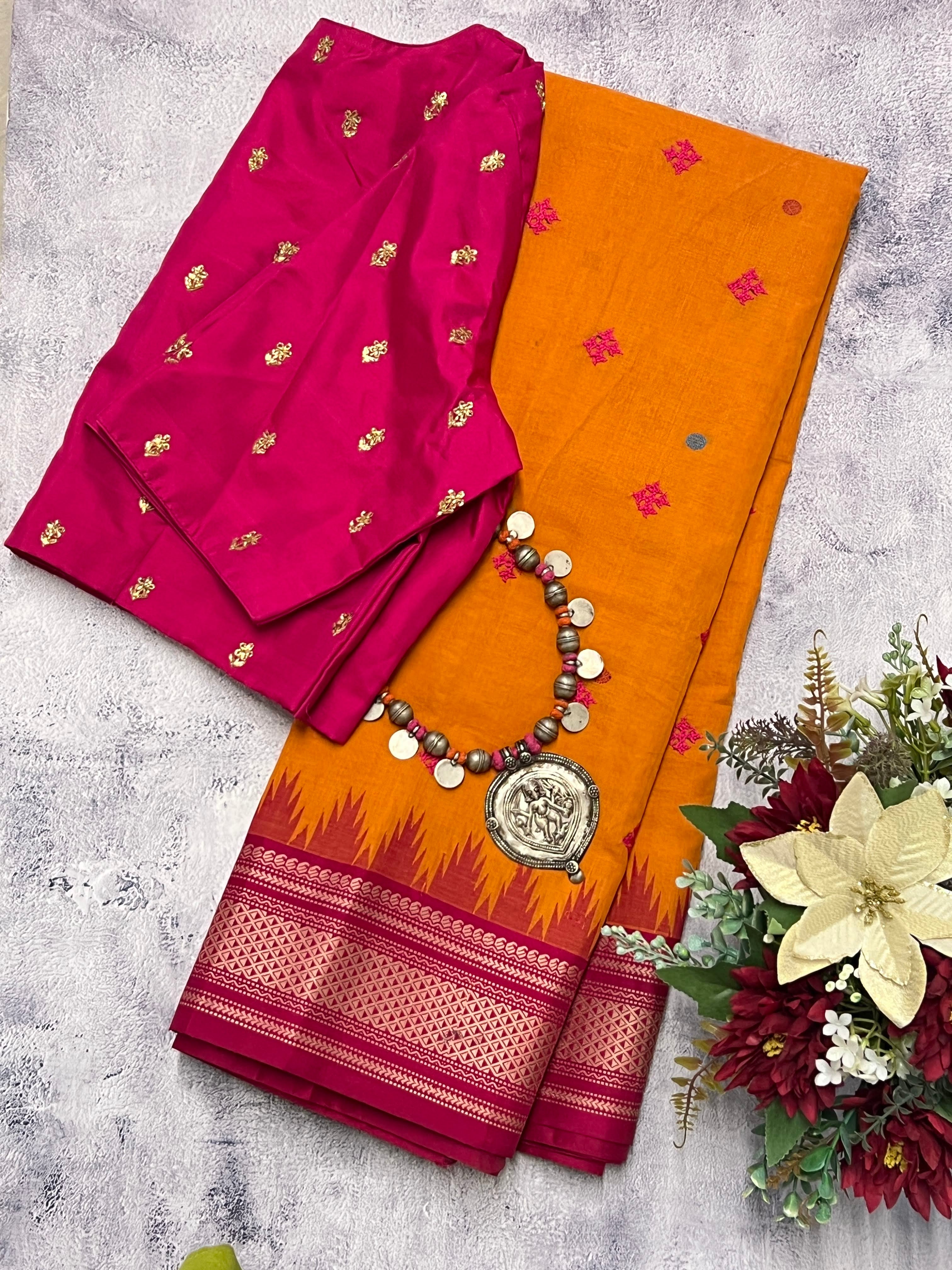 Kanchi cotton saree with silk border and Kutch embroidery