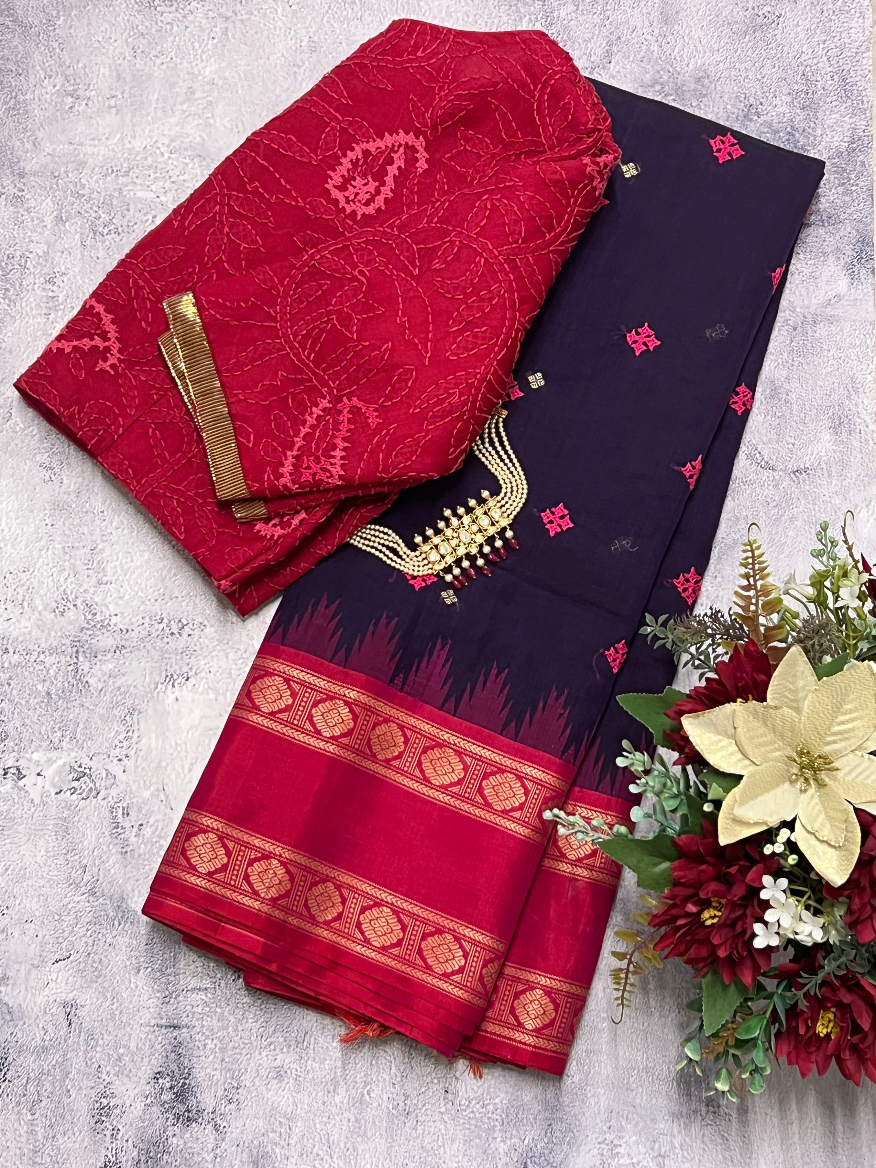 Kanchi cotton saree with silk border and Kutch embroidery