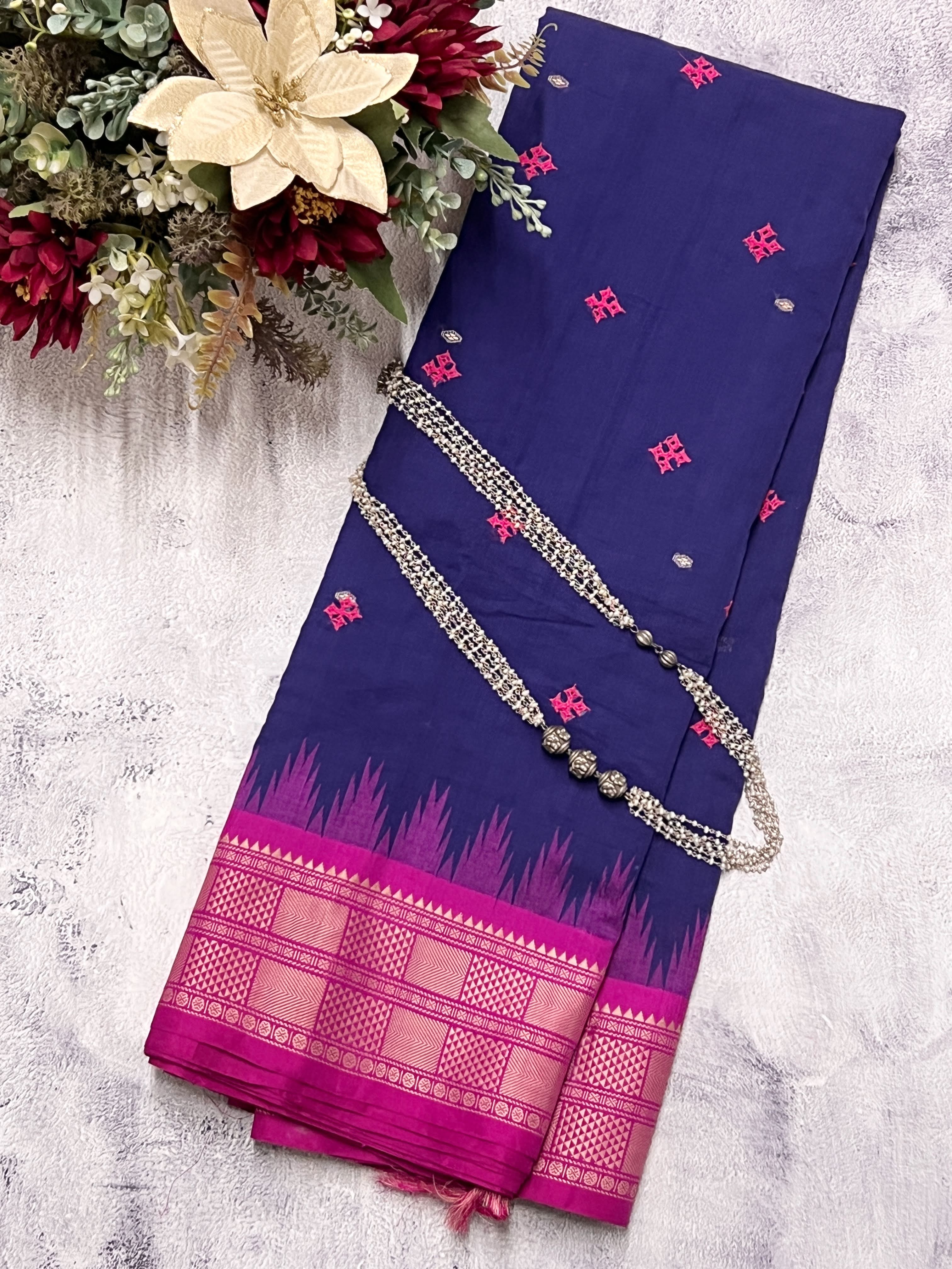 Kanchi cotton saree with silk border and Kutch embroidery