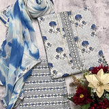 White blue mughal print embroidery set