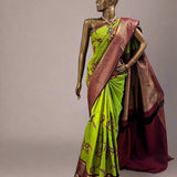 Nidhi lemon green brown appliqued kanchipuram silk saree