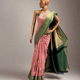 Mila - Dusty pink and green handwoven Kanchipuram silk saree with block print