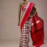 Mila - Grey and red handblock printed Kanchipuram silk saree