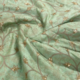 Mint green embroidered munga tussar fabric