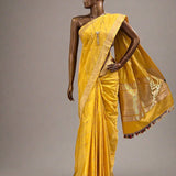 Yellow handwoven pure silk saree with geometric stripes in Benaras weave