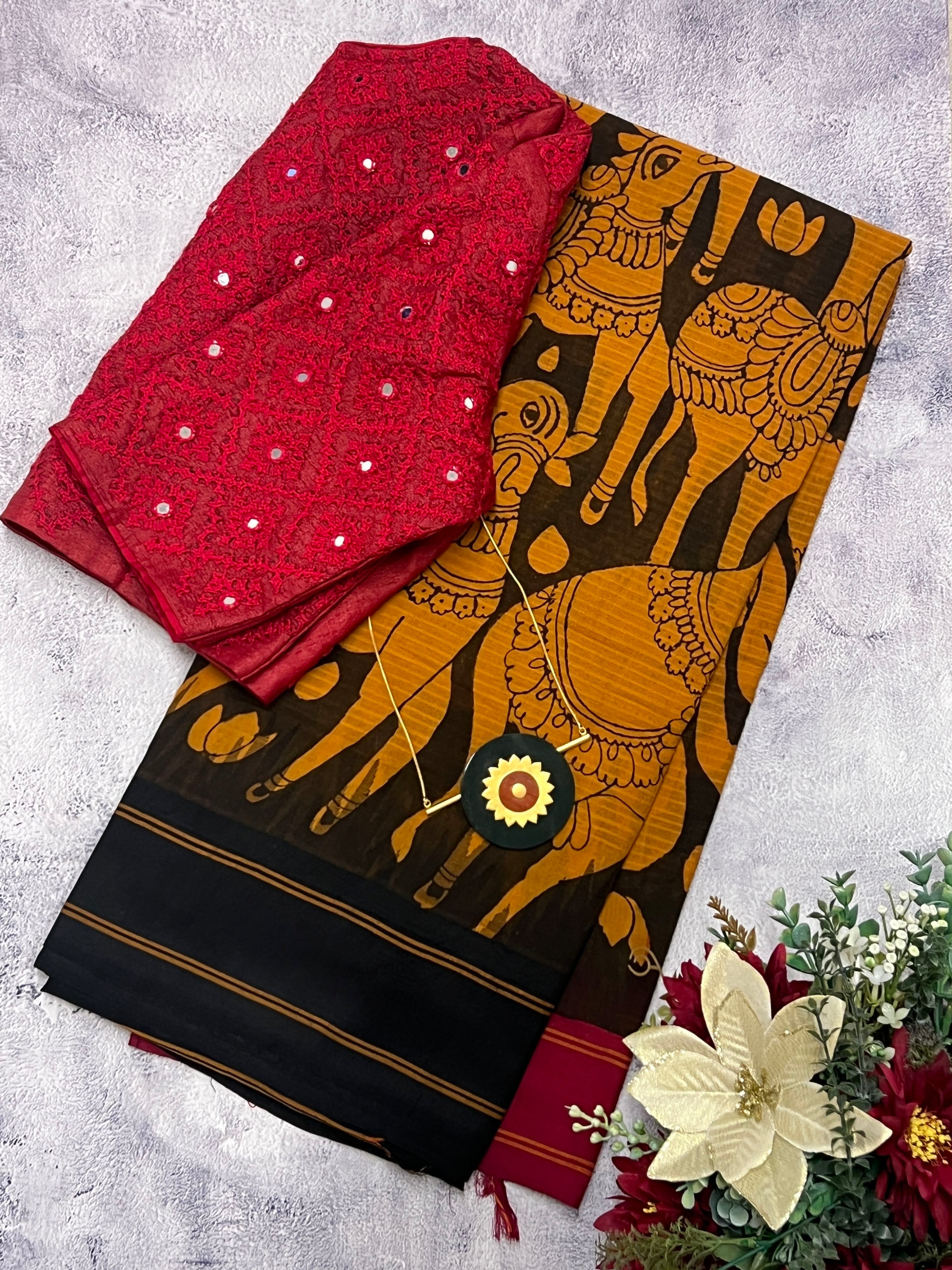 Iniya kalamkari saree with silk border