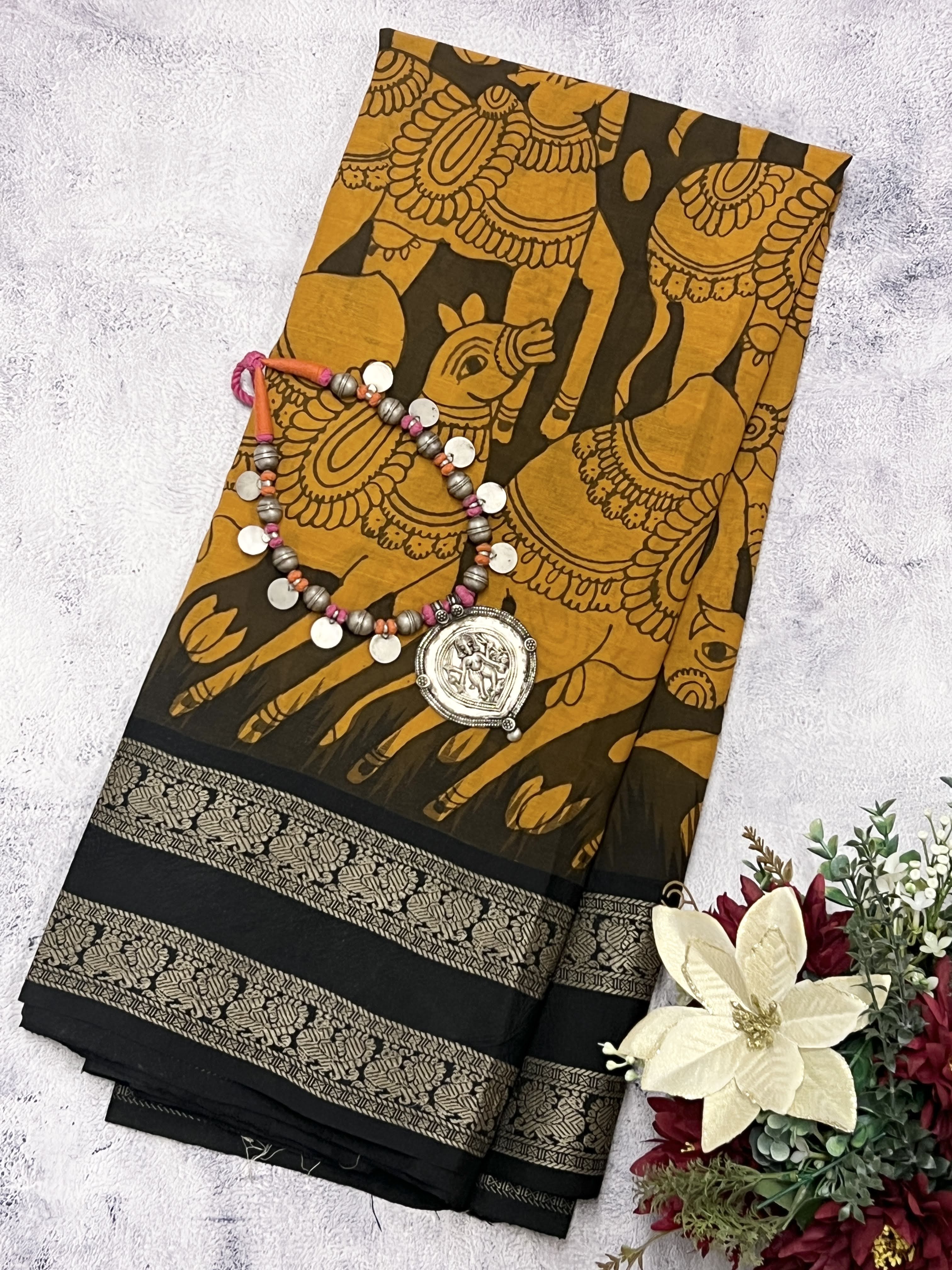 Iniya kalamkari saree with silk border