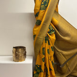 Kalpataru Parakeet Kalamkari Silk Saree - Mustard