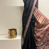 Kalpataru Twin Border Floral Kalamkari Saree - Black and Pink