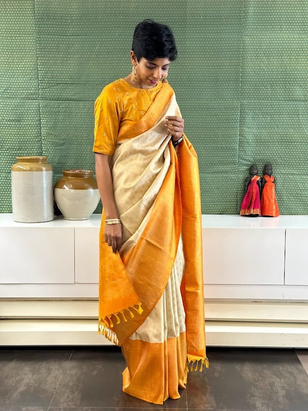 Mustard cream long border kanchi silk saree