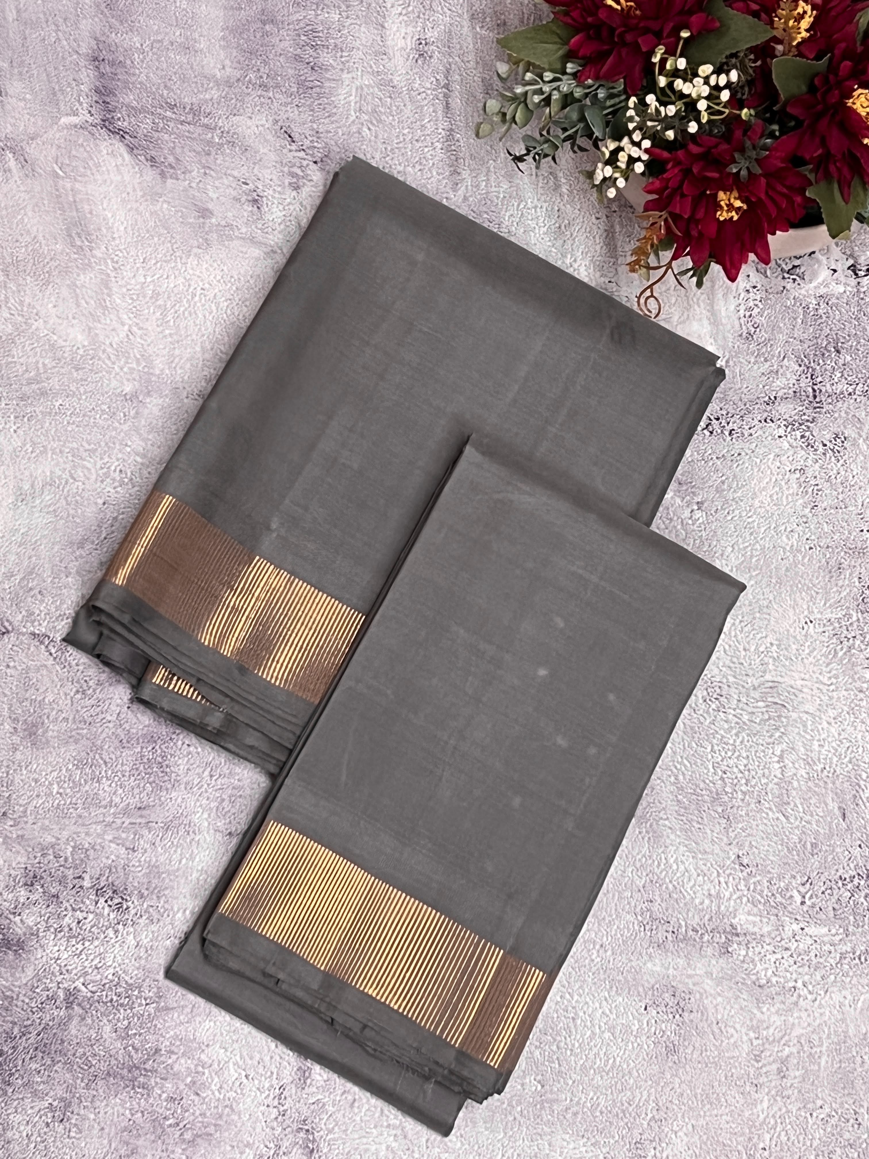 Sah A Steel grey pure silk veshti set