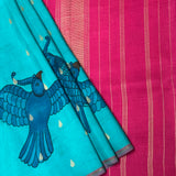 Kalpataru Parakeets in Rain Kalamkari Silk Saree - Teal