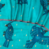 Kalpataru Parakeets in Rain Kalamkari Silk Saree - Teal