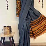 Kalpataru Stripes Kalamkari Silk Saree - Grey