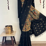Kalpataru Half and Half Kalamkari Silk Saree - Black and Beige