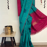 Kalpataru Parakeets in Rain Kalamkari Silk Saree - Teal