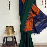 Kalpataru Kamadhenu Half and Half Kalamkari Silk Saree - Orange