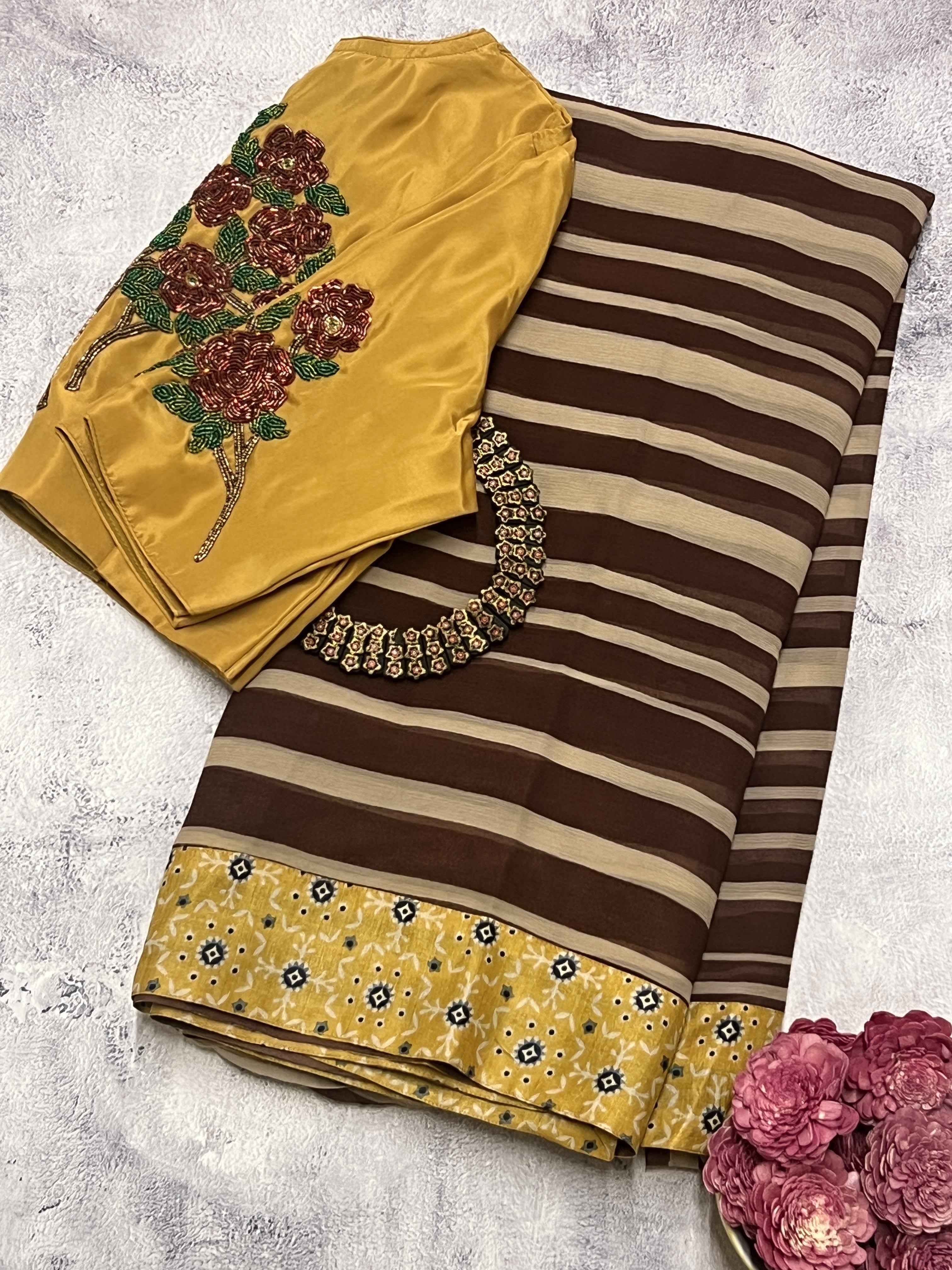 Striped Chiffon saree with tussar border