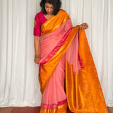 Mishrita Twin Border Chiffon Saree - Pink, Mustard and Fuchsia