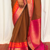Mishrita Meenakari Border Chiffon Saree - Brown, Pink and Orange