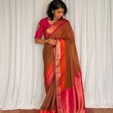 Mishrita Meenakari Border Chiffon Saree - Brown, Pink and Orange