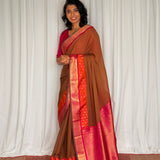 Mishrita Meenakari Border Chiffon Saree - Brown, Pink and Orange